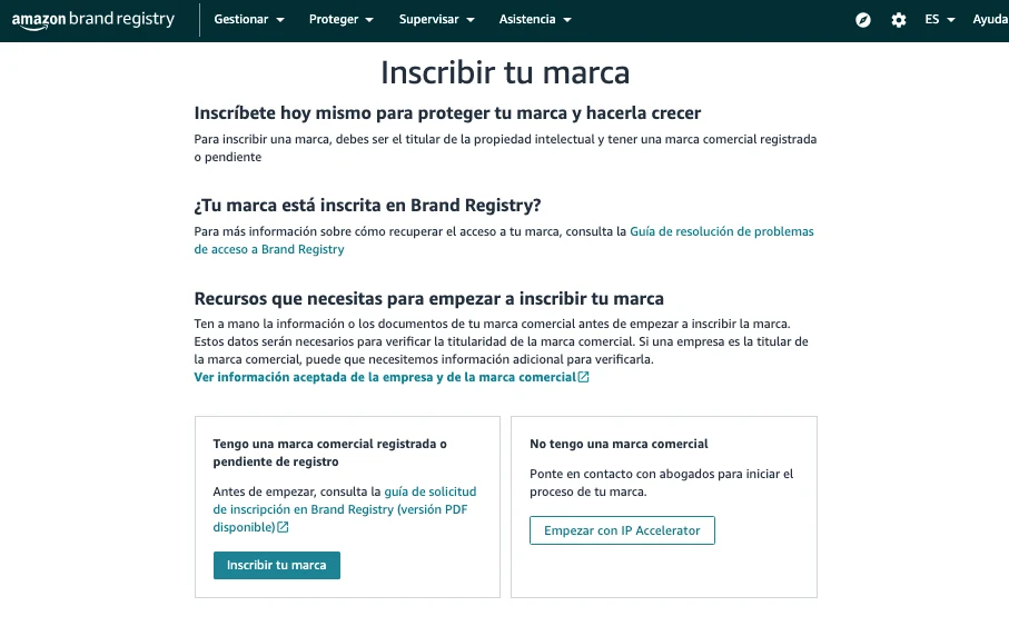 Panel de Amazon Brand Registry para inscribir una marca