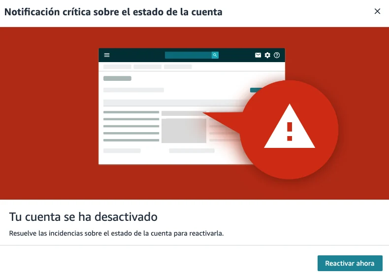 Aviso de Amazon: notificación crítica sobre el estado de la cuenta, tu cuenta se ha desactivado