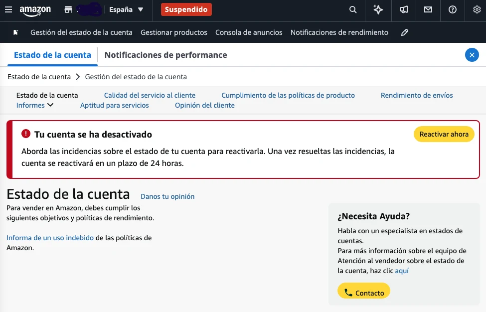 Panel de Estado de la cuenta de Amazon Seller Central con la cuenta desactivada y el distintivo Suspendido