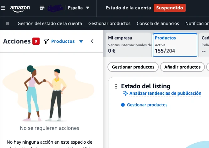 Panel de Seller Central con la cuenta suspendida mientras Amazon indica que no se requieren acciones