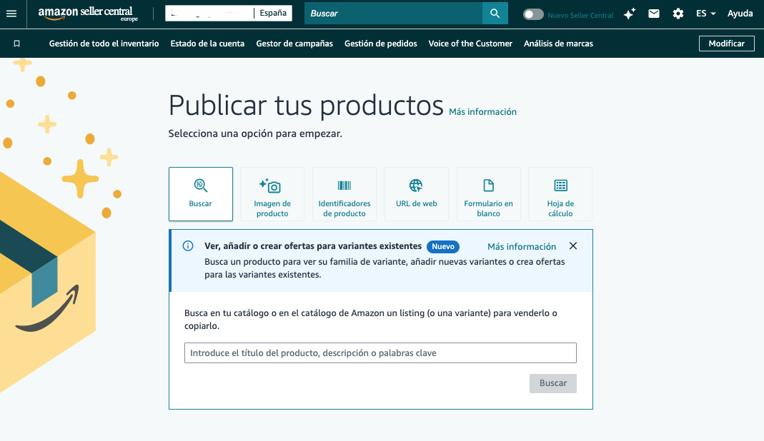 Pantalla de Seller Central para publicar productos